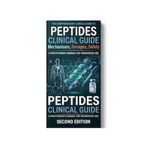 May include: A dark blue book cover titled "Peptides Clinical Guide". The cover includes the subtitle "Mechanisms, Dosages, Safety". The design features a human figure, a DNA strand, and a vial, all in a medical context.