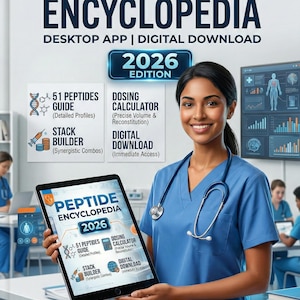May include: A medical professional holds a tablet displaying "PEPTIDE ENCYCLOPEDIA 2026". The image features text including "51 Peptides Guide", "Dosing Calculator", and "Digital Download". The background shows medical equipment and other professionals.