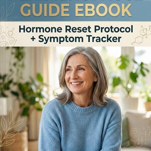 May include: An ebook cover with the title "PERIMENOPAUSE GUIDE EBOOK" and the subtitle "Hormone Reset Protocol + Symptom Tracker." The image features a smiling woman in a blue sweater. The text "SCIENCE-BASED WOMEN'S HEALTH" and "40s 50s" are also visible.