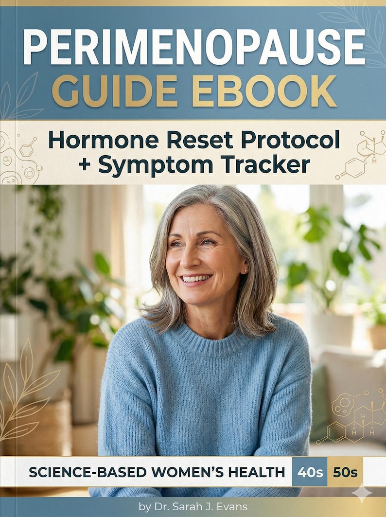 May include: An ebook cover with the title "PERIMENOPAUSE GUIDE EBOOK" and the subtitle "Hormone Reset Protocol + Symptom Tracker." The image features a smiling woman in a blue sweater. The text "SCIENCE-BASED WOMEN'S HEALTH" and "40s 50s" are also visible.