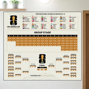 May include: A large poster featuring the FIFA World Cup schedule, with team flags and match dates. The poster includes the text "FIFA WORLD CUP USA | CANADA | MEXICO" and "OUR WORLD CUP | A GLOBAL SPECTACLE."