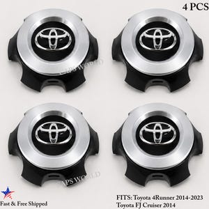 Puede incluir: Un juego de cuatro tapacubos circulares con base negra y anillo exterior plateado, que presentan un logotipo de Toyota cromado en el centro. El texto 4 PCS es visible en la esquina superior derecha, y FITS: Toyota 4Runner 2014-2023 Toyota FJ Cruiser 2014 en la parte inferior.