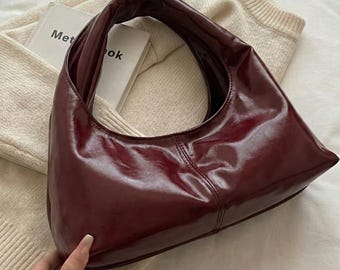 Bolso hobo holgado burdeos - Bolso minimalista de piel brillante - Bolso de hombro chic estilo años 90 - Bolso urbano grande para uso diario
