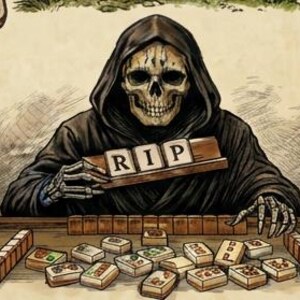 Peut inclure: Illustration du Grim Reaper jouant &agrave; un jeu de soci&eacute;t&eacute; avec des tuiles. Le Reaper tient une tuile en bois avec "RIP" dessus. Le jeu semble &ecirc;tre du Mahjong, avec diverses tuiles sur la table. L'&oelig;uvre d'art est d&eacute;taill&eacute;e avec une esth&eacute;tique vintage.