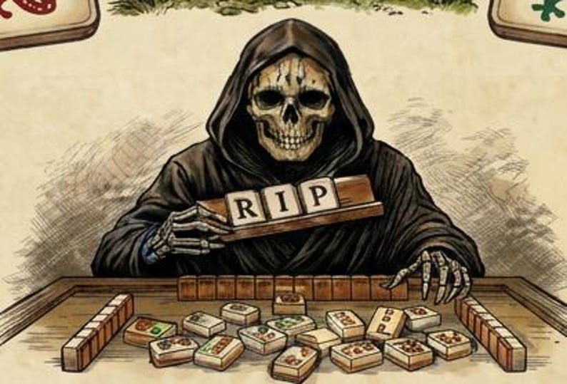 Peut inclure: Illustration du Grim Reaper jouant &agrave; un jeu de soci&eacute;t&eacute; avec des tuiles. Le Reaper tient une tuile en bois avec "RIP" dessus. Le jeu semble &ecirc;tre du Mahjong, avec diverses tuiles sur la table. L'&oelig;uvre d'art est d&eacute;taill&eacute;e avec une esth&eacute;tique vintage.