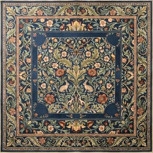 K&ouml;nnte beinhalten: Quadratischer Textilstoff mit detailliertem Blumen- und Tiermotiv. Das zentrale Motiv zeigt zwei Kaninchen, umgeben von Blumen, Bl&auml;ttern und V&ouml;geln, alles vor einem dunkelblauen Hintergrund. Der Rand hat ein sich wiederholendes Muster aus Bl&auml;ttern und Blumen.