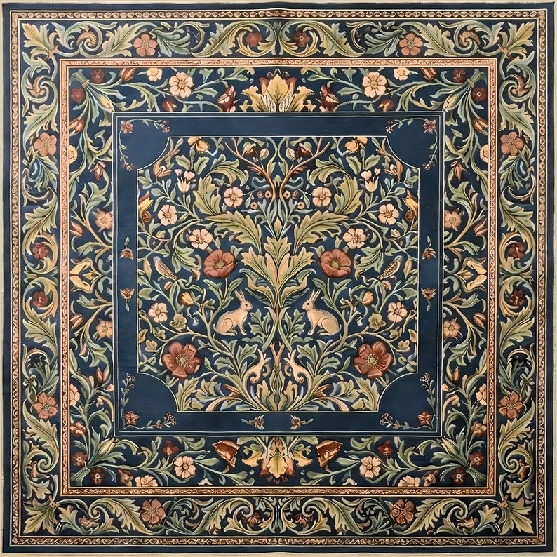 K&ouml;nnte beinhalten: Quadratischer Textilstoff mit detailliertem Blumen- und Tiermotiv. Das zentrale Motiv zeigt zwei Kaninchen, umgeben von Blumen, Bl&auml;ttern und V&ouml;geln, alles vor einem dunkelblauen Hintergrund. Der Rand hat ein sich wiederholendes Muster aus Bl&auml;ttern und Blumen.
