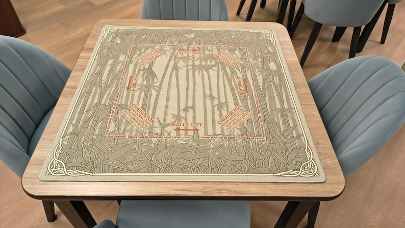 K&ouml;nnte beinhalten: Ein quadratischer Tisch mit einer Spielmatte zum Thema Bambus. Die Matte zeigt ein Bambuswald-Design in Gr&uuml;n- und Beiget&ouml;nen mit rotem Text, der Spielanweisungen angibt. Der Tisch ist von blauen St&uuml;hlen umgeben.