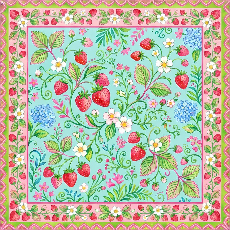 K&ouml;nnte beinhalten: Quadratisches Tuch mit einem lebendigen Erdbeermuster. Der Schal zeigt rote Erdbeeren, wei&szlig;e Bl&uuml;ten und gr&uuml;ne Bl&auml;tter auf hellblauem Hintergrund. Ein rosa-gr&uuml;ner Rand umrahmt das Design.
