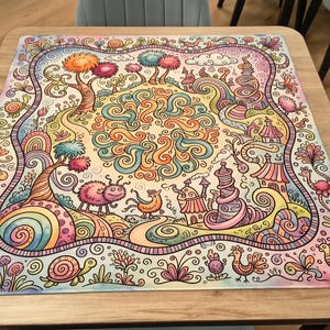 K&ouml;nnte beinhalten: Ein farbenfroher, skurriler Tischset mit einer detaillierten Illustration einer Fantasielandschaft. Das Design umfasst B&auml;ume, Kreaturen, Geb&auml;ude und wirbelnde Muster in Rosa-, Orange-, Blau- und Gr&uuml;nt&ouml;nen. Das Tischset ist rechteckig.