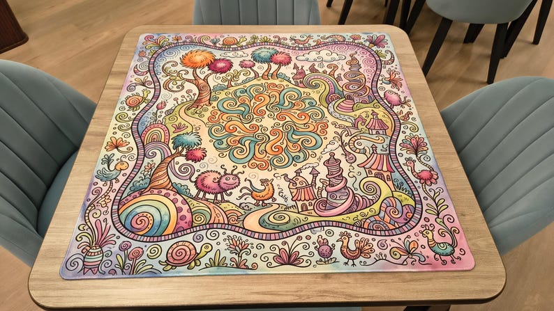 K&ouml;nnte beinhalten: Ein farbenfroher, skurriler Tischset mit einer detaillierten Illustration einer Fantasielandschaft. Das Design umfasst B&auml;ume, Kreaturen, Geb&auml;ude und wirbelnde Muster in Rosa-, Orange-, Blau- und Gr&uuml;nt&ouml;nen. Das Tischset ist rechteckig.