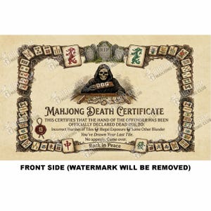 Peut inclure: Certificat de d&eacute;c&egrave;s Mahjong avec une illustration de la faucheuse. Le certificat pr&eacute;sente une bordure d&eacute;corative de tuiles de mahjong et le texte "Rack in Peace". Le design a une esth&eacute;tique vintage.