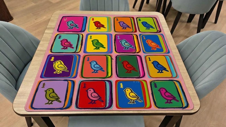 Pode incluir: Um tapete retangular com uma grade de dezasseis quadrados coloridos, cada um exibindo uma ilustra&ccedil;&atilde;o estilizada de um p&aacute;ssaro e o n&uacute;mero um. O design utiliza tons vibrantes de rosa, amarelo, laranja, azul, verde e vermelho, com uma borda rosa claro.