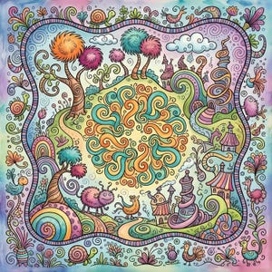 K&ouml;nnte beinhalten: Eine skurrile, farbenfrohe Illustration mit einer Fantasielandschaft mit sanften H&uuml;geln, B&auml;umen und skurrilen Geb&auml;uden. Das Kunstwerk hat eine lebendige Palette aus Blau-, Gr&uuml;n-, Orange- und Rosat&ouml;nen mit wirbelnden Mustern und cartoonartigen Kreaturen.