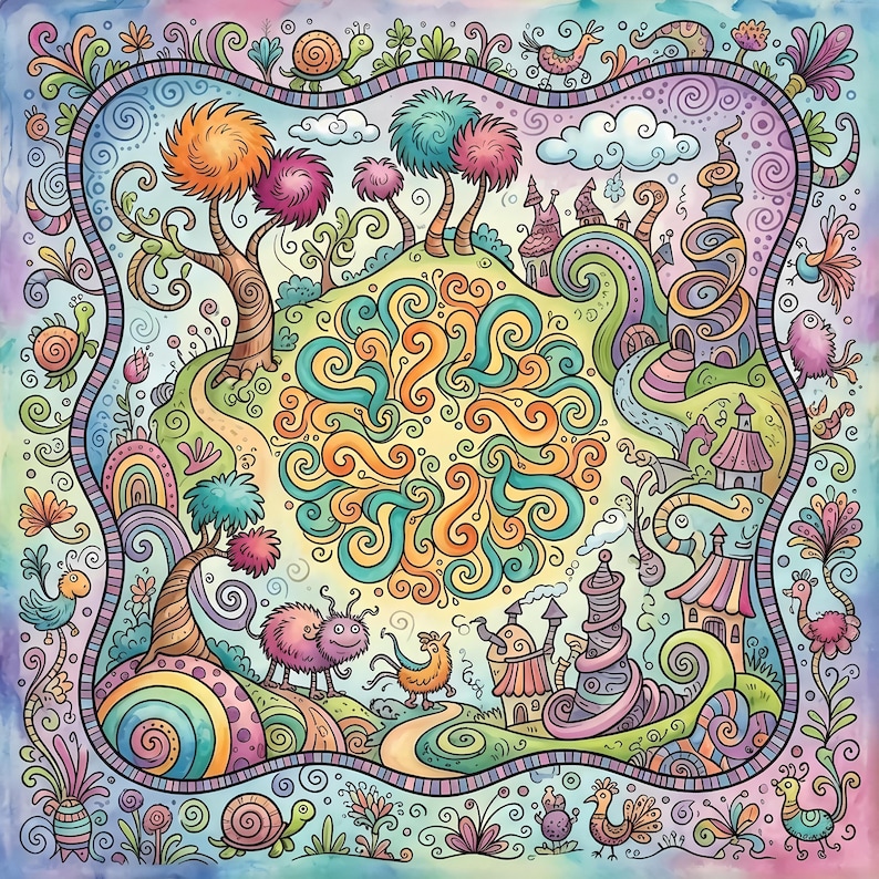K&ouml;nnte beinhalten: Eine skurrile, farbenfrohe Illustration mit einer Fantasielandschaft mit sanften H&uuml;geln, B&auml;umen und skurrilen Geb&auml;uden. Das Kunstwerk hat eine lebendige Palette aus Blau-, Gr&uuml;n-, Orange- und Rosat&ouml;nen mit wirbelnden Mustern und cartoonartigen Kreaturen.