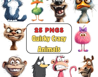 25 lustige schrulligen Tiere Clipart - wunderliche Aquarell PNGs (digitaler Download)