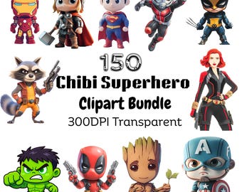 Chibi Superhero Clipart Bundle PNG, Superhelden Charaktere, digitaler Download