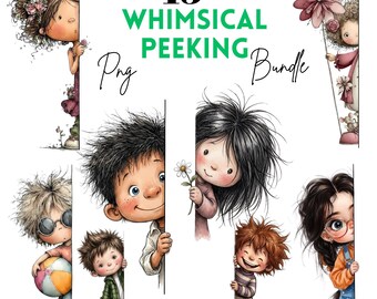 15 Whimsical Peeking PNG Bundle, Cute Kids Clipart, Peeking Boy Girl Watercolor Illustration, Sublimation Design, Digital Download