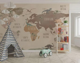 Dinosaur World Map, Colorful Kids Room Decor