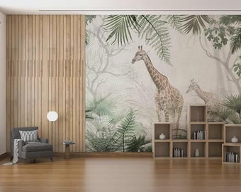 Safari Giraffe Watercolor Mural | Tropical Leaves Peel and Stick Wallpaper