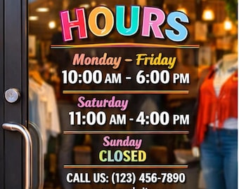 Modern Storefront Hours Vinyl Decal | Custom Shop Door Sign | Business Window Lettering