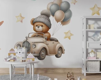 Watercolor Bear Driving Car Mural | Nursery Wall Art, Tropical Leaves Design