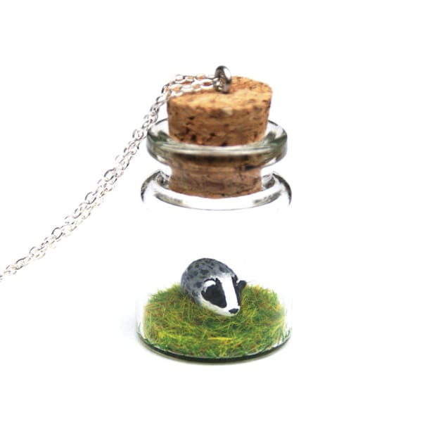 Badger Necklace, Woodland Animal Bottle Necklace, Wildlife, Animal Lover Gift - miniature badger in a tiny bottle necklace