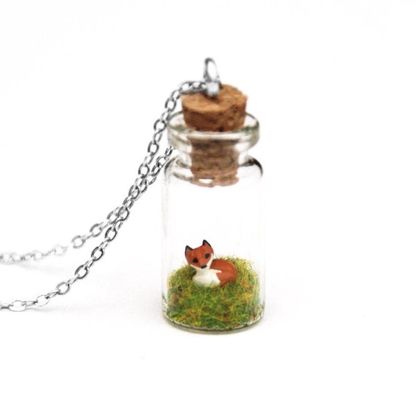 Fox Necklace Spring Woodland Gift, Mother's Day, Animal Lover, Wildlife Art, Tiny Glass Bottle Ornament, forest nymph dryad