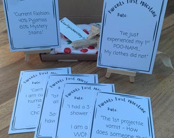 Funny New Parents First Milestone Cards - 12 Alternative 'Survival' cards for Mums/Dads - Relatable Baby Shower Gift - Memory Maker Set