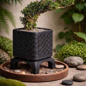 Puede incluir: Una maceta negra con un diseño geométrico y un árbol bonsai. La maceta cuadrada se encuentra sobre un soporte negro, colocado dentro de una bandeja redonda marrón con pequeñas piedras. El bonsai tiene hojas verdes y pequeñas flores rosas.