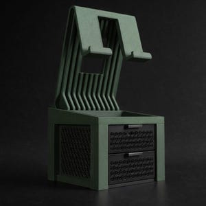 Könnte beinhalten: Ein grüner Schreibtisch-Organizer im modernen Stil mit zwei Schubladen und einem oberen Bereich zur Aufbewahrung von Gegenständen. Der Organizer hat ein geometrisches Design vor dunklem Hintergrund.