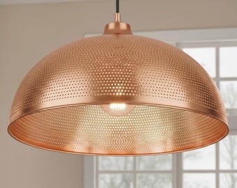 Lampa wisząca z kopułą z perforowanej miedzi - ręcznie robiony klosz z miedzi