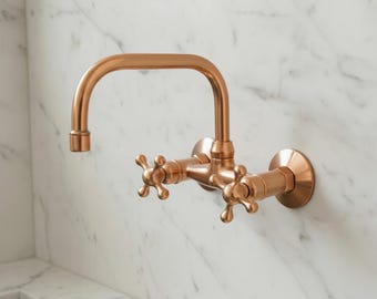 Handcrafted Polished Copper Wall-Mount Faucet | Vintage Cross-Handle Kitchen & Bathroom Tap | Squared Gooseneck Spout