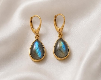Natural Labradorite Teardrop Earrings, Blue Flash Gemstone, Gold Leverback Drop Style