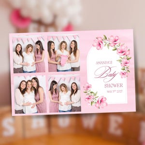 Peut inclure: Une photo-bande rose pour une baby shower avec quatre images de femmes. Le côté droit comporte le texte "Baby Shower d'Amanda May 3rd 2027" avec des accents floraux. Les photos montrent une femme enceinte et ses amies.