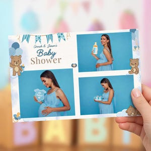 Peut inclure: Une invitation à une baby shower avec un collage d'images. L'invitation comprend le texte "Annah & Jason's Baby Shower" avec des éléments décoratifs tels que des ours en peluche, des ballons et des graphiques sur le thème des bébés. Les images montrent une femme en robe bleue.
