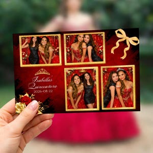 Peut inclure: Carte d'invitation de quinceañera avec un design rouge et or. La carte présente six photos encadrées de deux jeunes femmes, un nœud doré et le texte "Isabella's Quinceañera 2026-08-22". Des roses dorées et une couronne sont également incluses.