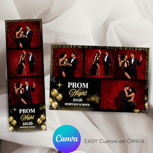 Peut inclure: Bandes de photomaton et une carte photo sur le thème du bal de promo. Les images montrent un couple en tenue de soirée, avec un fond de rideau rouge. Le texte indique "Prom Night 2026" et "Heritage School". Le logo Canva est visible.