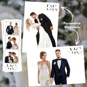 May include: Customizable wedding photo strip and portrait prints featuring a couple in formal attire. The designs include large initials, names, and a date. The text reads "DK DAVID & KRISTYN OCTOBER 18, 2024" and "MC MAXIME & CAMILLA OCTOBER 18, 2027".