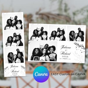 Peut inclure: Bandes de photomaton en noir et blanc avec un groupe de personnes tenant des pancartes et des accessoires. Les bandes incluent les noms "Juliana & Richard" et la date "11.02.26". Le logo Canva est visible.
