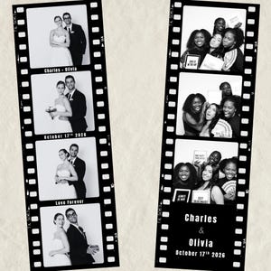 Peut inclure: Bandes de photomatons en noir et blanc avec des photos de mariage de Charles et Olivia, et leurs amis. Les bandes incluent la date, le 17 octobre 2026, et les mots "Love Forever" et "Sexy Bridesmaids".