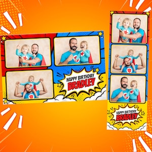 Peut inclure: Un collage photo de style bande dessinée présentant plusieurs images d'une personne et d'un enfant déguisés en super-héros avec le texte Happy Birthday Bradley. Le design inclut des couleurs orange, jaune, rouge et bleu vives avec des étoiles.