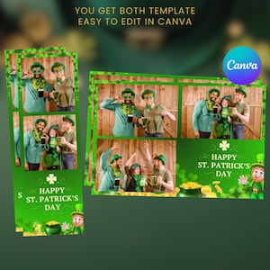 Peut inclure: Modèles de photomaton verts pour la Saint-Patrick, avec des images de personnes en tenues de fête. Les modèles incluent le texte "HAPPY ST. PATRICK'S DAY" et le logo Canva. Facile à modifier.