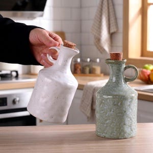 May include: Two ceramic oil bottles with cork stoppers. One is white with speckled detailing, held by a person. The other is a green-grey colour. Both have a handle and a spout for pouring.