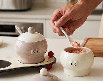 Ceramic Spice Jar Set with Spoons and Tray, Neutral Kitchen Condiment Pots