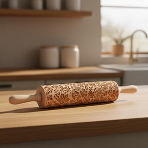 May include: A wooden rolling pin with a floral pattern. The rolling pin is made of light-coloured wood and features a detailed design of leaves and flowers. The handles are also made of wood. The rolling pin is approximately 40 cm long.