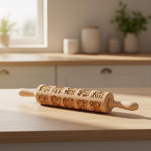 Pode incluir: Um rolo de madeira de cor clara com desenhos esculpidos de animais e flores. O rolo tem duas pegas de madeira e está sobre uma superfície de madeira clara. O artigo de cozinha está num ambiente de cozinha bem iluminado.