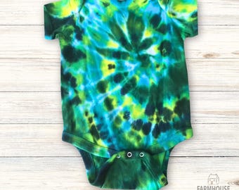 12M Green Swirl Tie Dye Baby Bodysuit – Long Sleeve Organic Cotton Onesie