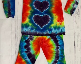 Girls 4T Toddler Matching Multi Color Heart Tie Dye Ruffle Fleece Tunic Top and Matching Ruffle Fleece Pants