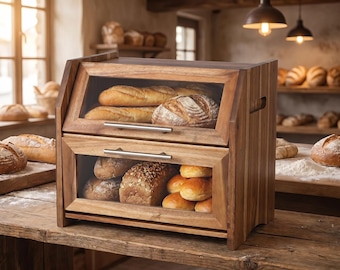 Acacia Wood Bread Box with Glass Doors, Two-Tier Bakery Storage